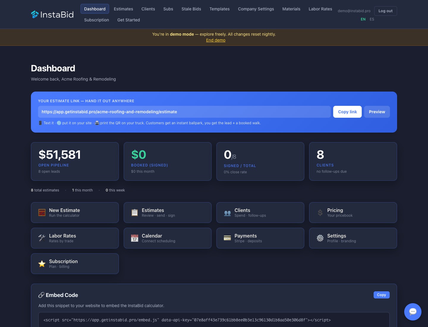 The InstaBid dashboard