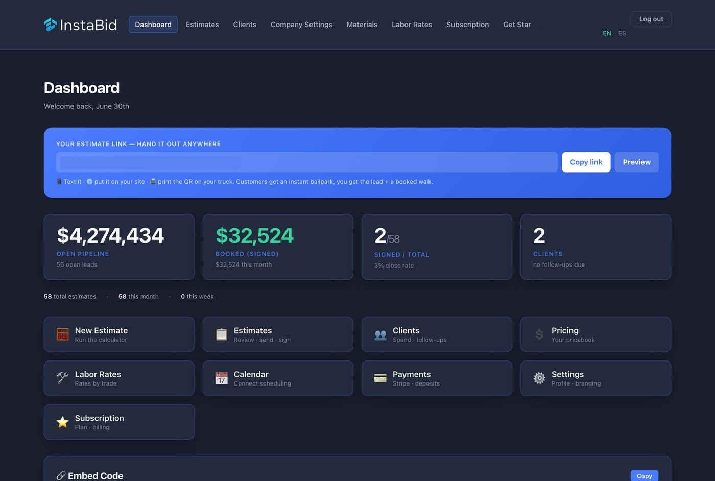The InstaBid dashboard