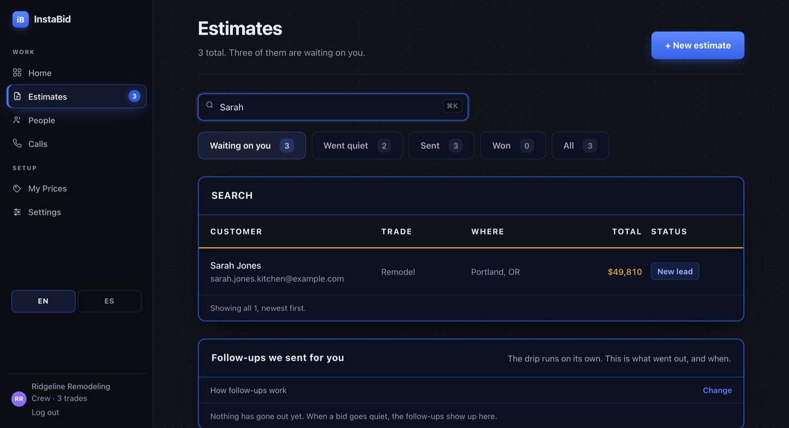 The InstaBid estimate dashboard