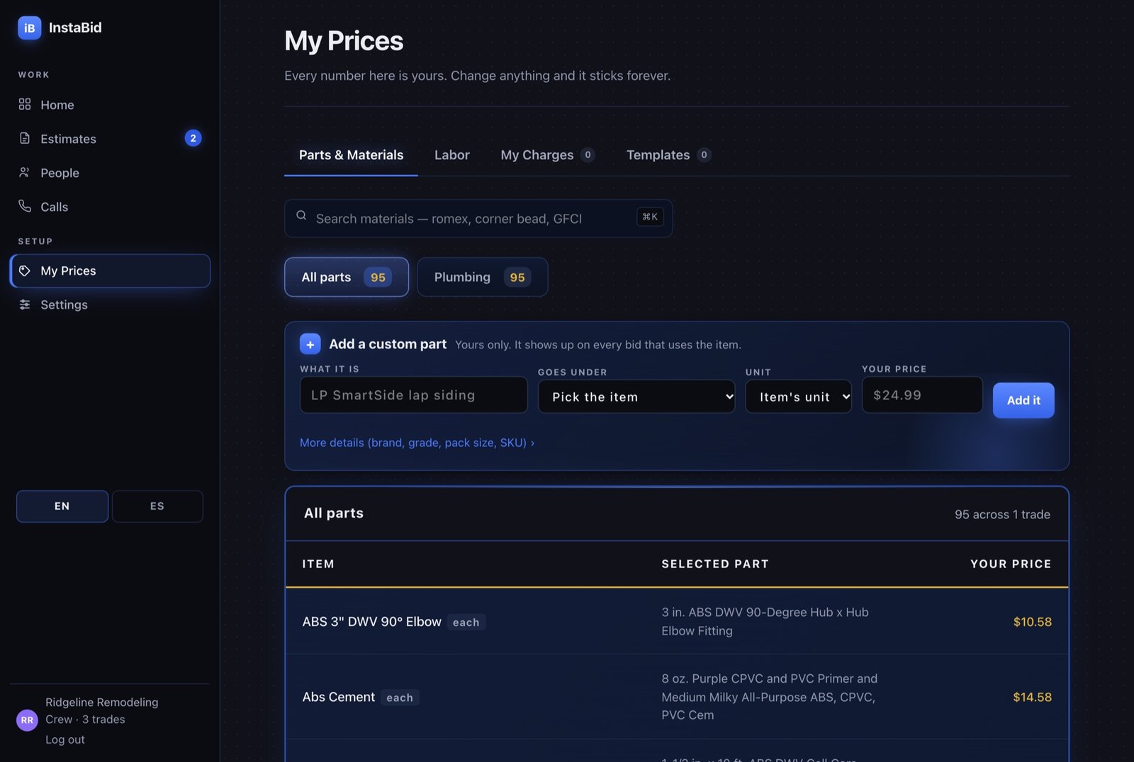 Editing a price in InstaBid