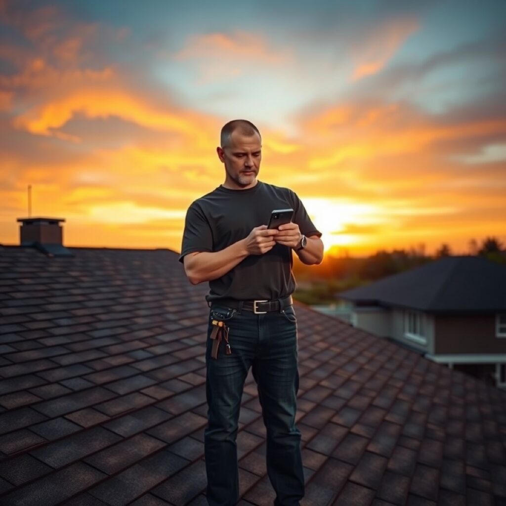 A contractor on a residential rooftop at golden hour checking a phone, generating a roofing estimate on site with InstaBid