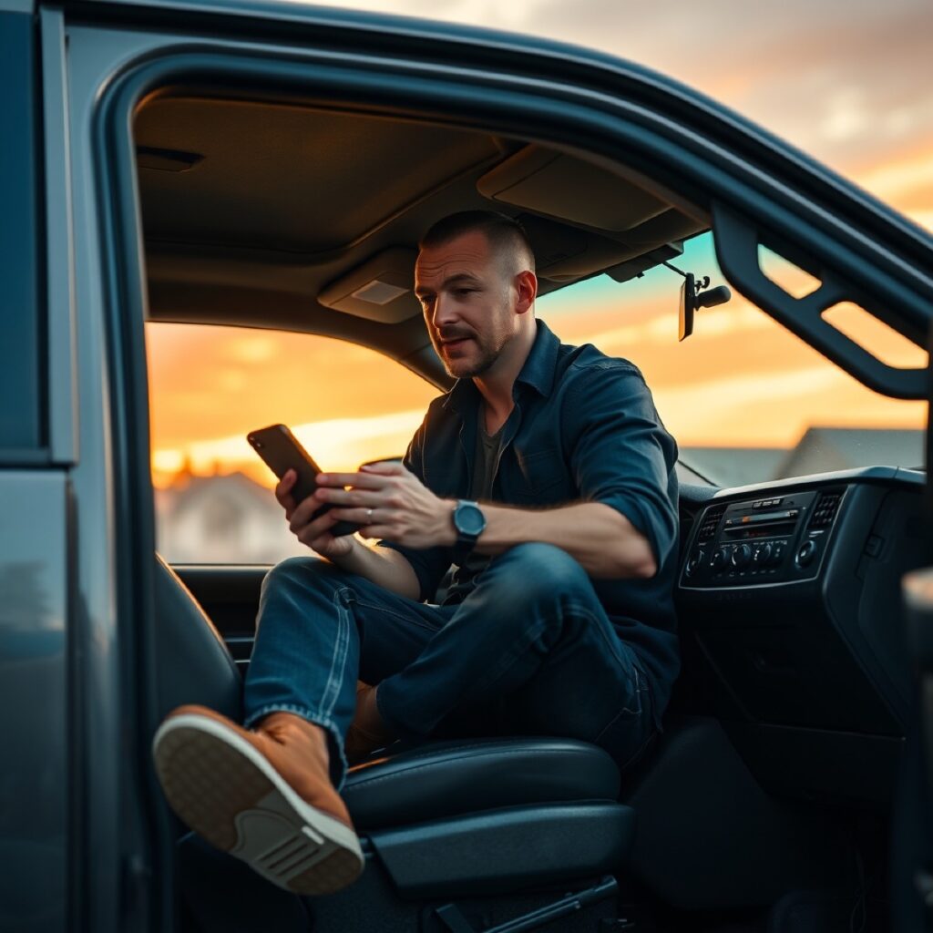 A contractor checking a finished InstaBid estimate on his phone from the truck, moments after leaving the job site